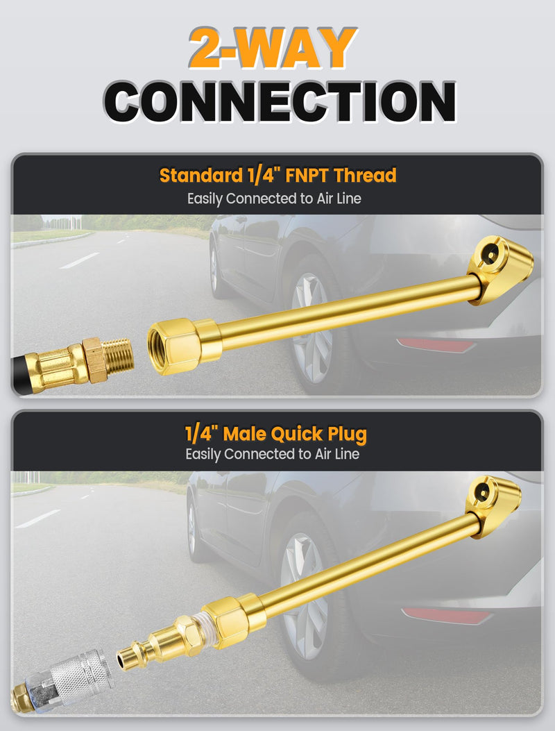 2-Way Connection Air Chuck Set, Heavy Duty Dual Head Air Chuck with Closed Ball Tire Chuck & 1/4 Inches NPT Male Quick Plug, Tire Air Fill Kit for Tire Inflator Gauge and Air Compressor