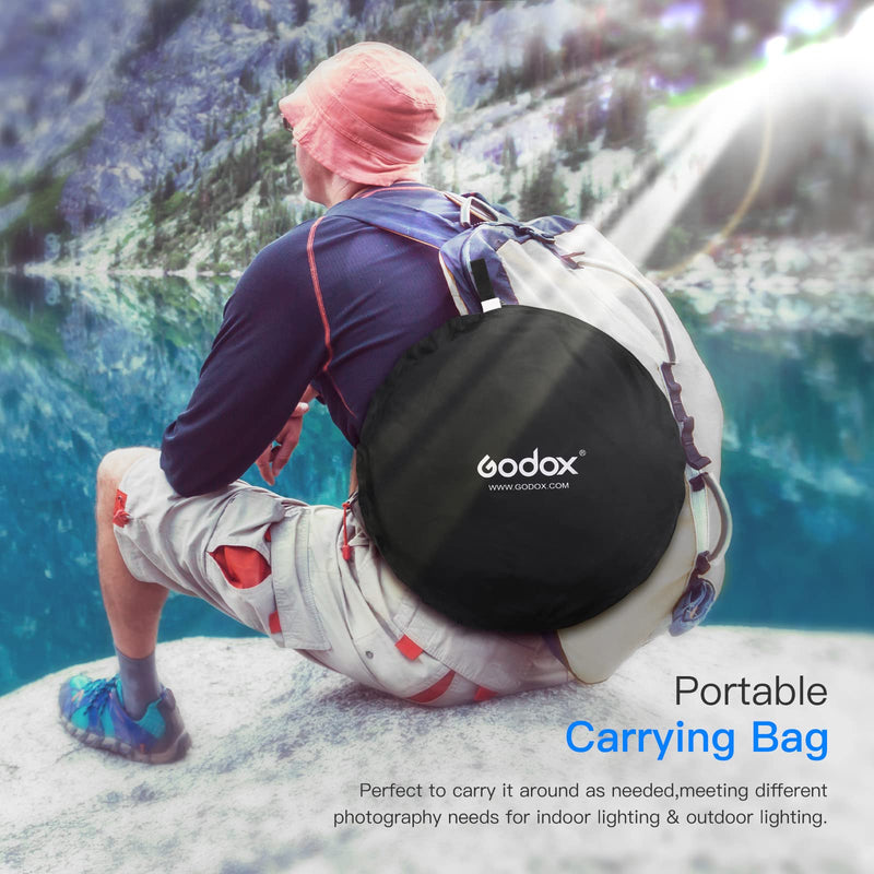 Godox 43”/110cm Light Reflector Diffuser,5-in-1 Portable Collapsible Round Multi Disc with Holder Clip & Bag for Studio Shooting,Video Location,Portrait Photography-Gold,Silver,White,Black,Translucent 110cm