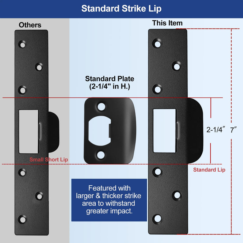 Extra Long Door Strike Plate 7", 2 Pack, Heavy Duty Anti Kick-ins, Oversized Striker to Repair Damaged Worn Frame/Slot/Jamb, Large Hole to Fix Latch Sticking, Security Reinforcement Plate Matte Black