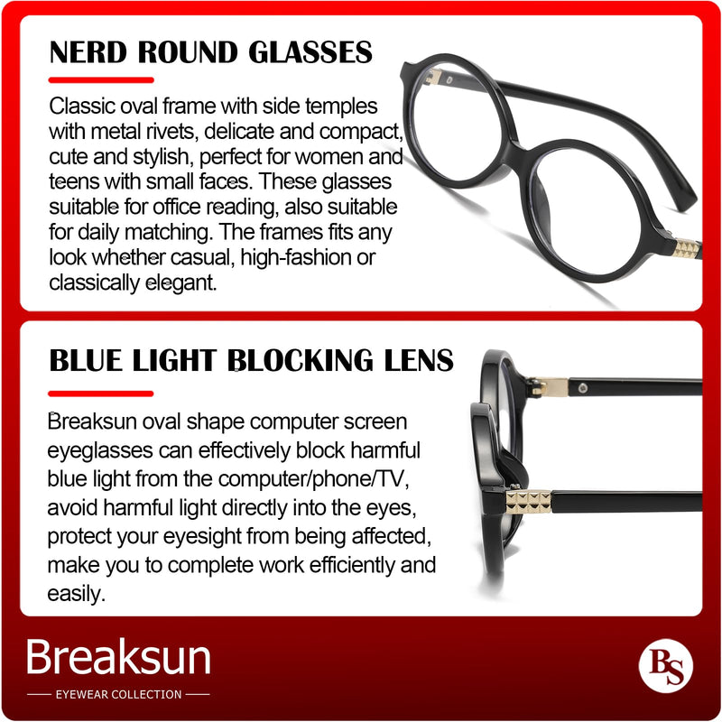 Classic Round Glasses for Women Men Retro Oval Frame Black Blue Light Glasses Small Face Nerd Eyeglasses (Black)