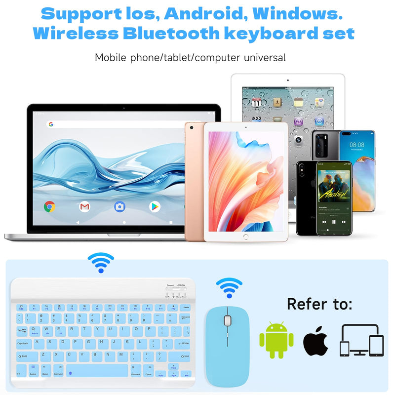 Bluetooth Keyboard and Mouse Combo, QWERT Layout Universal Ultra-Slim Wireless Keyboard Mouse Set for Android Windows iPad iPhone Samsung Tablet Portable Compact Keyboard Set, Light Blue