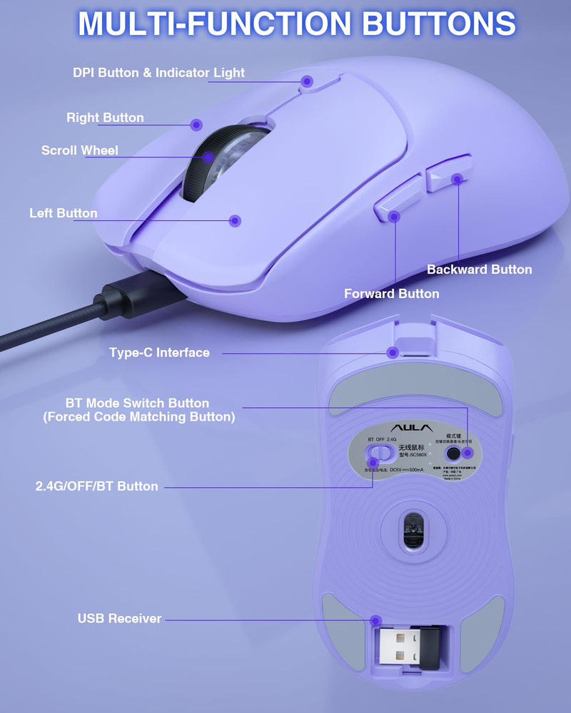 AULA SC580X Wireless Gaming Mouse, Tri-Mode 2.4G/BT5.0/USB-C Gaming Mouse, 10000 DPI Rechargeable Wireless Mouse with 6 Programmable Buttons, Ergonomic Computer Mouse for Laptop/PC/Mac/Tablet Light purple