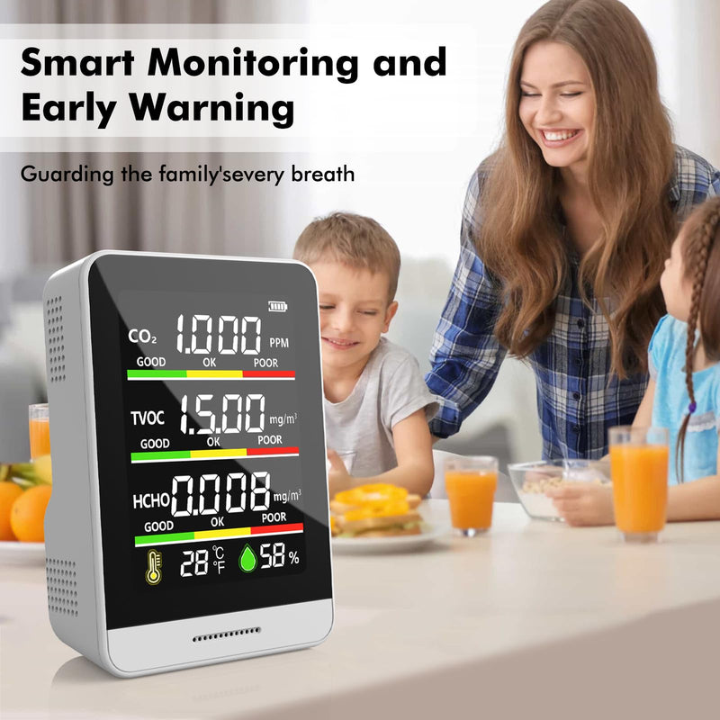 22 HOBBIES Air Quality Monitor Indoor,8-in-1 Smart Air Quality Tester with CO2, TVOC, HCHO, AQI, Temperature & Humidity, Real Time Display, Battery Powered, for Home & Office(White) White