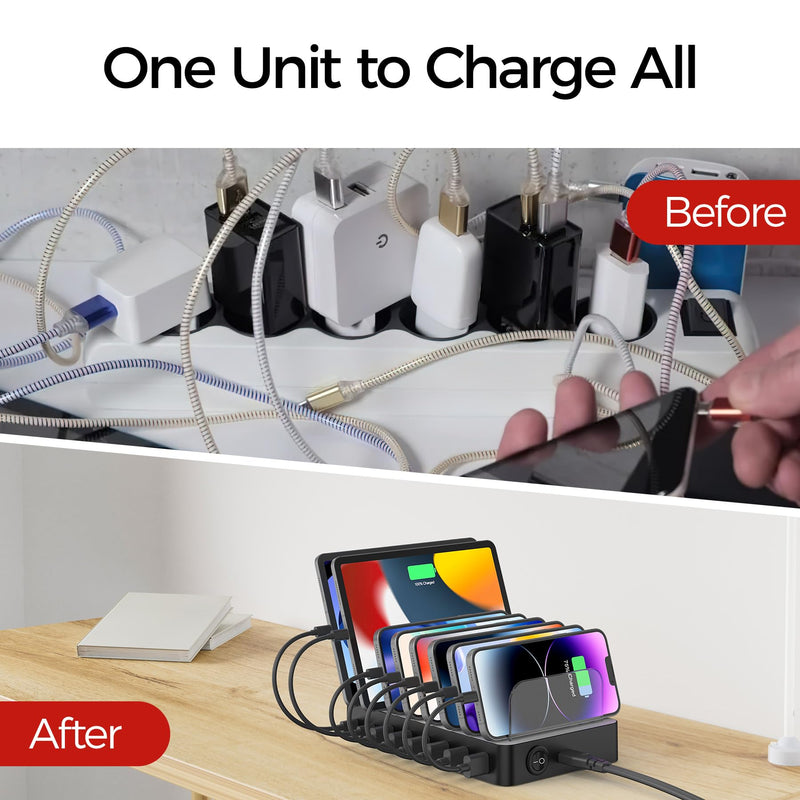 Unitek 8 Port USB Charger Dock - 2 PD 20W USB-C + 6 USB-A Ports Fast Charging Station for iPhone, iPad, Samsung Devices - Black Multi Tablet Holder & Organizer White