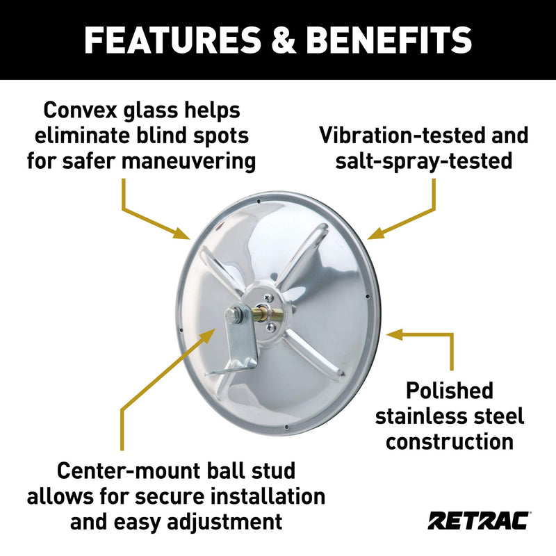 Retrac 610673 8-Inch Stainless Steel Center-Mount Convex Mirror Head with J-Bracket, Universal Driver or Passenger Side