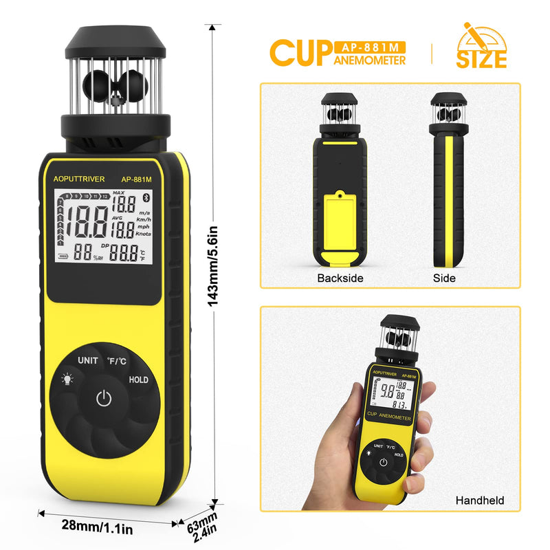 Digital Anemometer Handheld AP-881M Wind Gauge Anemometer with 360° Wind Direction Wind Cup Anemometer with Temp(℃/℉) Air Velocity Measurement Air Volume for HVAC Vents, Boat Sailing