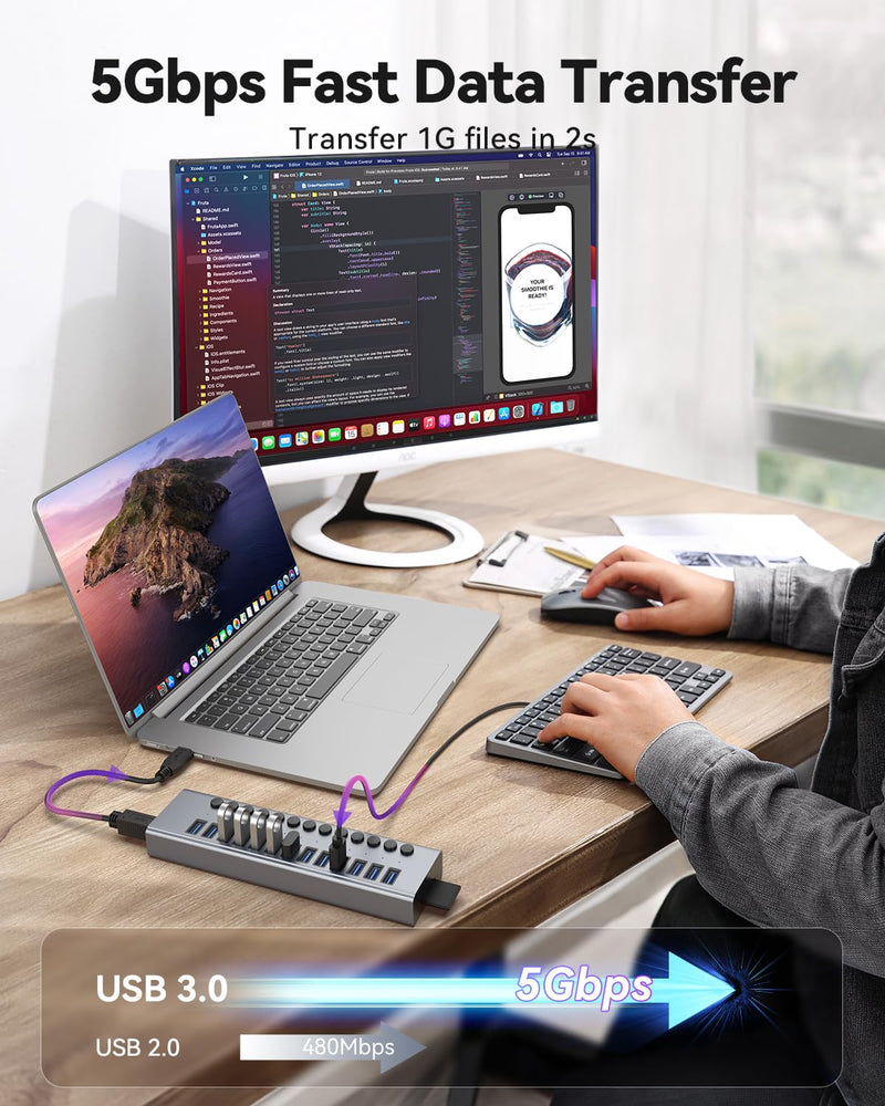 Powered USB 3.0 Hub, Wenter 13 Ports Powered USB Hub with SD/TF Card Reader, Aluminum USB Splitter with Individual On/Off Switches, 12V/3A 36W Power Adapter for PC/Laptops Aluminum 13 Ports