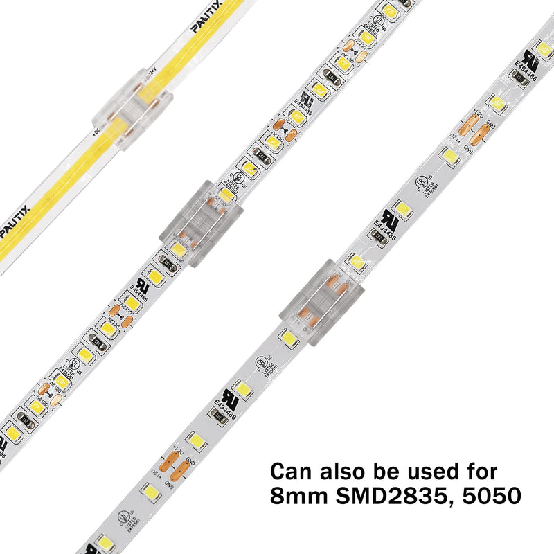 COB LED strip connector set for 8mm width COB strip 2Pin, 4 pieces transparent center connectors, 2 pieces L-shape, 1 piece T-shape and 4 pieces dual-end extension wires 15cm with 1 piece DC 8mm COB connector upgraded