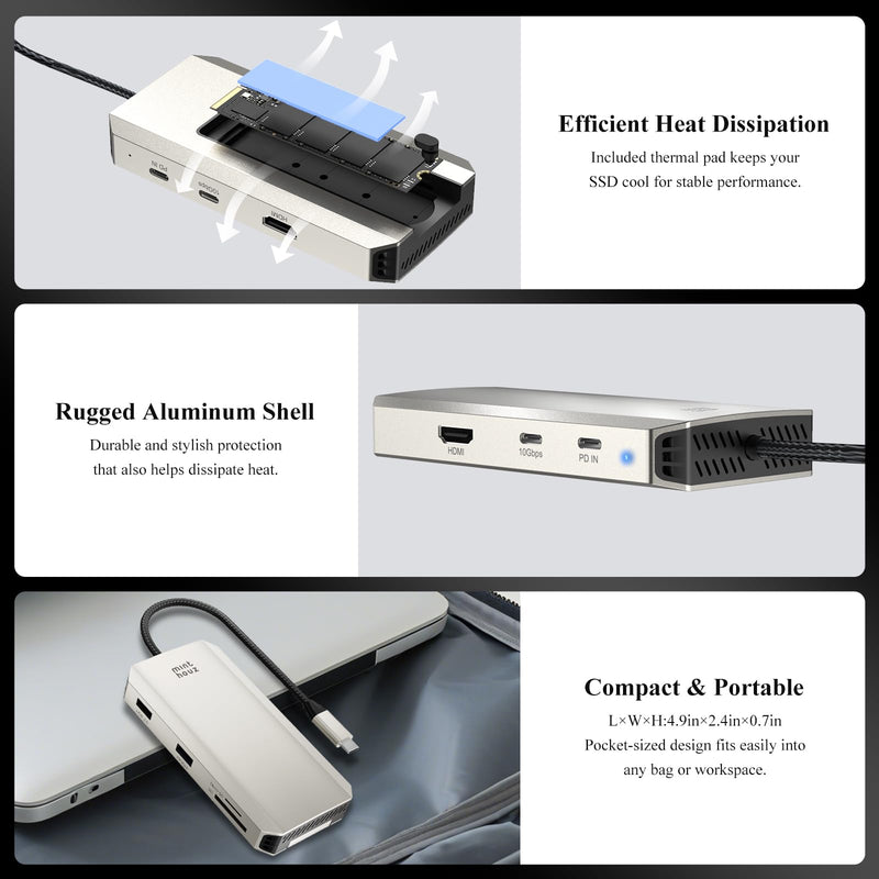 Minthouz USB C Docking Station,8-in-1 USB-C Hub with M.2 NVMe SATA SSD Enclosure,10Gbps Data Transfer, 4K@60Hz HDMI,87W PD,SD/TF Card Reader,USB 3.2 Hub for MacBook Pro/Air, Dell, HP Laptops