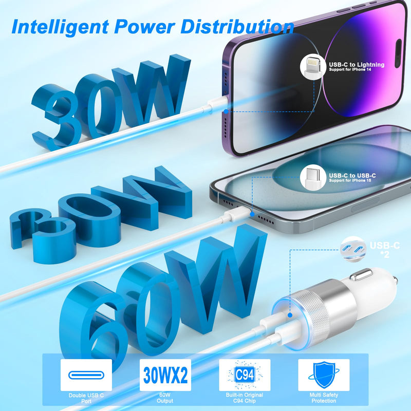 iPhone Car Charger Fast Charging [Apple MFi Certified], 60W Dual USB-C Power Cigarette Lighter Car Charger+Type-C Cable&Lightning Cable for iPhone 15 14 13 12 11 Pro Plus XS XR iPad, Samsung and more