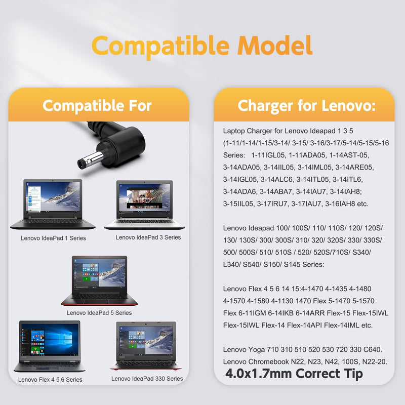 65W Laptop Charger for Lenovo IdeaPad 3 5, Flex 4 5 6 1470 1480 1570 1580, IdeaPad 110 110s 310 320 330 330s 520 530s 710s S145 S340 Adapter; Yoga 720 710 510 330, Chromebook N22 N23 N42 Power Supply