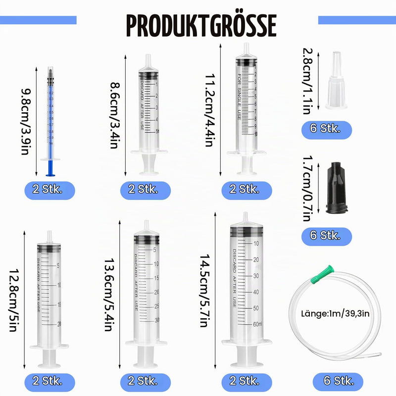 Pack of 30 Syringes without Needle 1+5+10+20+30+60ml Colostrum Syringe | With hose, reusable plastic syringe set for laboratories, animal feeding, plant irrigation