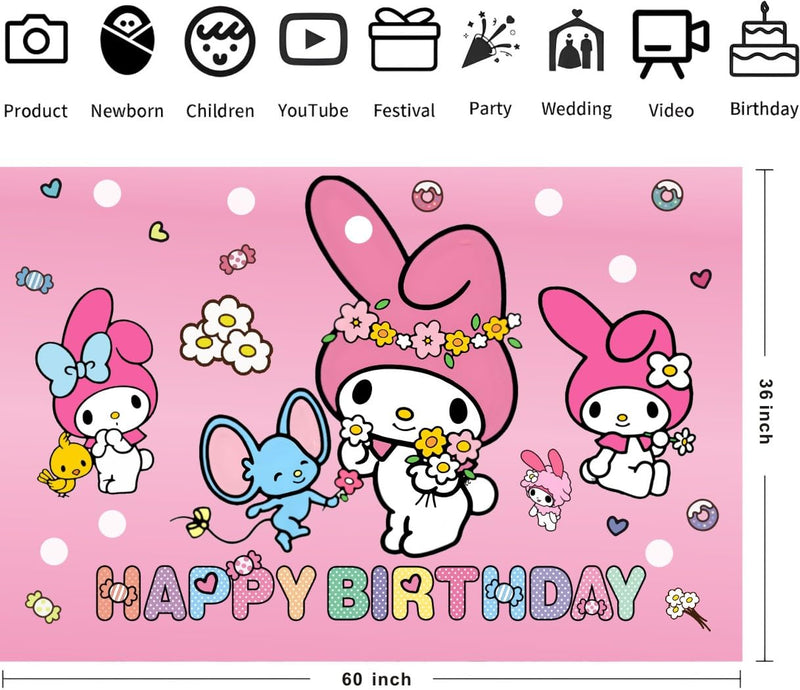 Melody Backdrop Happy Birthday Banner for Melody Party Decorations Supplies (5x3ft), 59*35.4 inch, kawaii