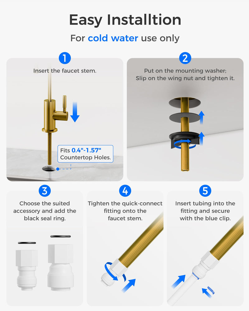 Waterdrop G2FCT-Gold Drinking Water Faucet, Reverse Osmosis Faucet, Water Filter Faucet for Kitchen Bar Sink, Single Handle, Easy to Install, Lead-Free, Stainless Steel, Brushed Gold