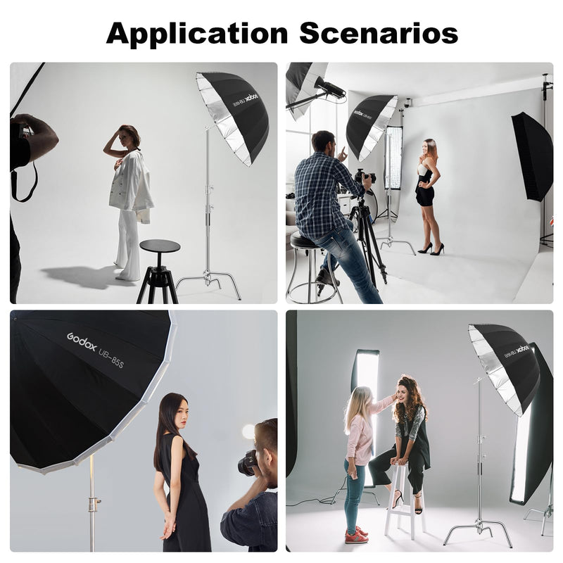 Godox UB-85S 33.5in/85cm Parabolic Reflective Umbrella, Black Silver Photography Umbrella with Carry Bag Portable for Vedio Studio Shooting Speedlite