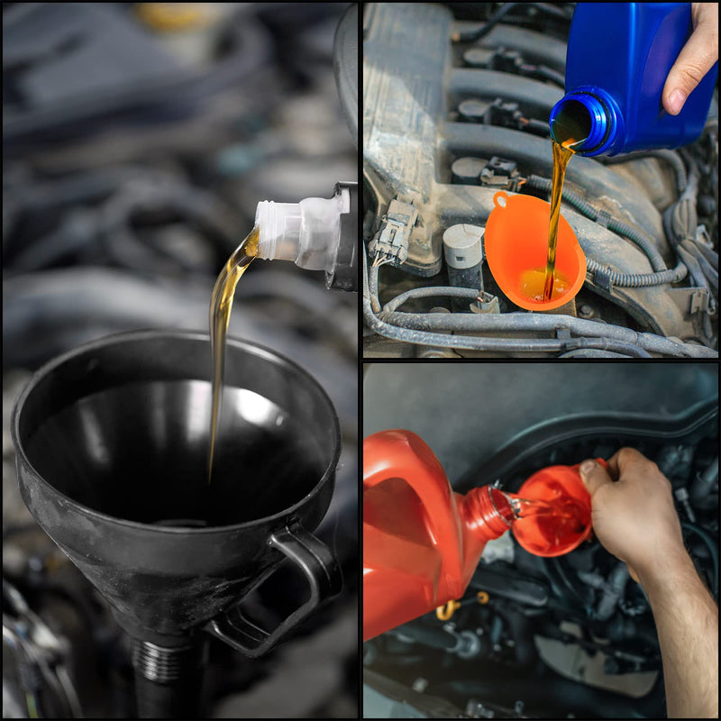 3 Pcs Automotive Funnels Set, Wide Mouth Fuel Funnels, Plastic Long Neck Oil Funnel, Flexible Right Angle Funnels, with Detachable Spout and Filter for Water/Gasoline/Coolant/Engine Oil