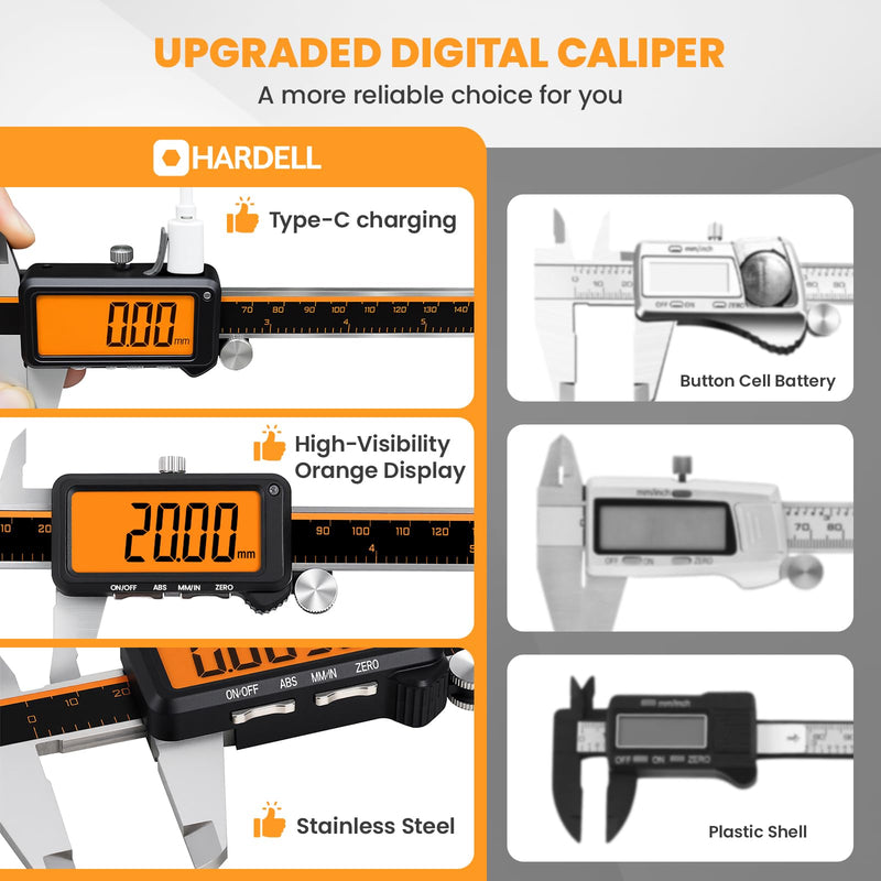 HARDELL Digital Caliper, Rechargeable Calipers with Large Orange Screen (No Backlight), Anti-Glare LCD & ABS Function, in/MM Caliper Measuring Tool, Stainless Steel Micrometer -Auto Off for Household Bright Orange