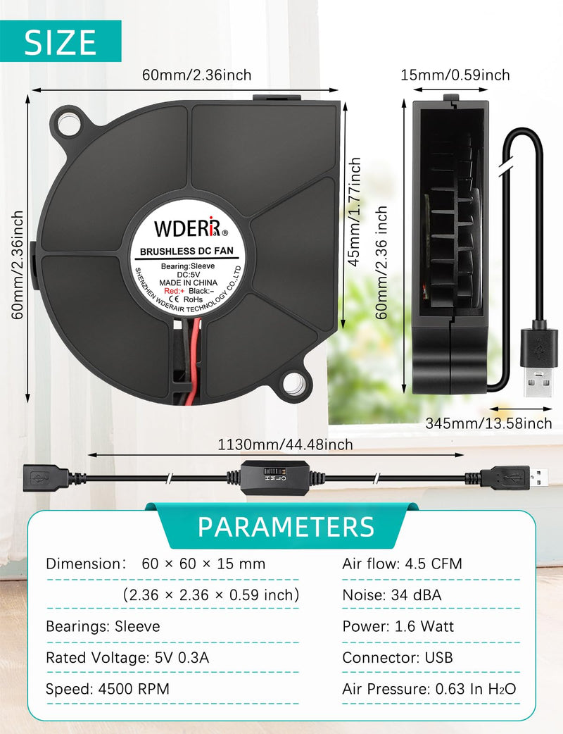 60mm x 15mm USB Blower Fan 5V Brushless DC Cooling Electronic Project Equipment Cabinet Cooler Ventilation 6015