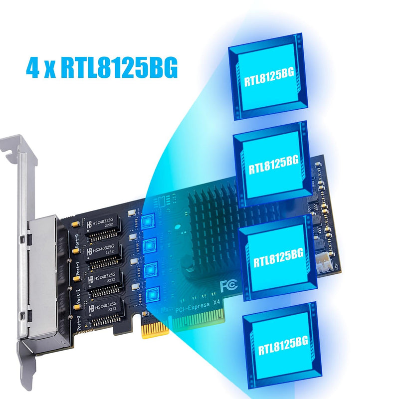 GLOTRENDS LE8445 4-Port 2.5Gb PCIe Network Card for Desktop PC, 2500/1000/100Mbps Gigabit Ethernet RJ45 LAN Port, PCIE X4 Interface, Regular & Low Profile Bracket 4-port, 2.5Gbps