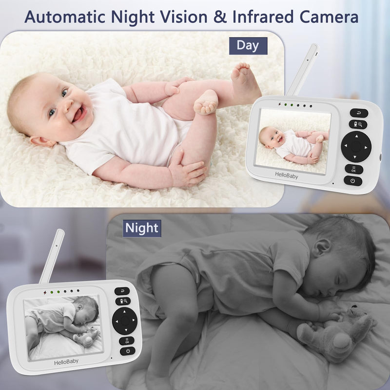 HelloBaby Baby Monitor No WiFi,Video Baby Monitor with Camera and Audio,3.2'' IPS Screen, Manual Baby Camera Adjustment, Night Vision, 1000ft/305m Range, ECO/VOX, Feeding Reminder, USB Charging Cable HB2438