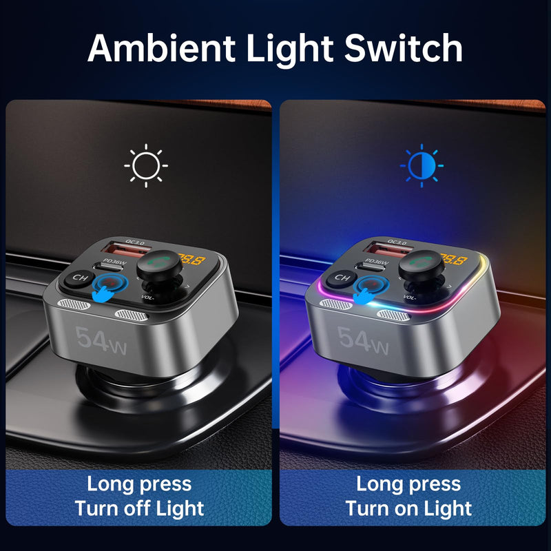Syncwire Bluetooth 5.4 FM Transmitter Car Adapter 54W (PD 36W & 18W) [Stronger Dual Mics] [Light Switch] [HiFi Bass Sound] [Fast Charging] Wireless Radio Receiver Hands-Free Calling LED Display Silver