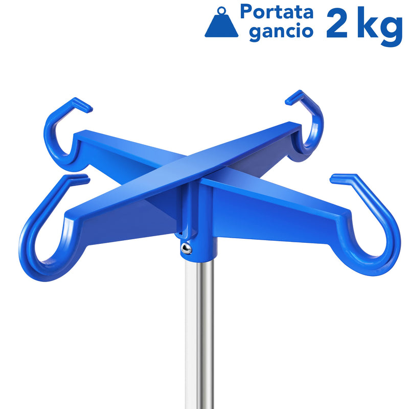 AIESI® IV stand made of STAINLESS STEEL with 4 plastic hooks and rotating wheels with brakes, free 2 bottle holders 100 ml, guarantee 24 months