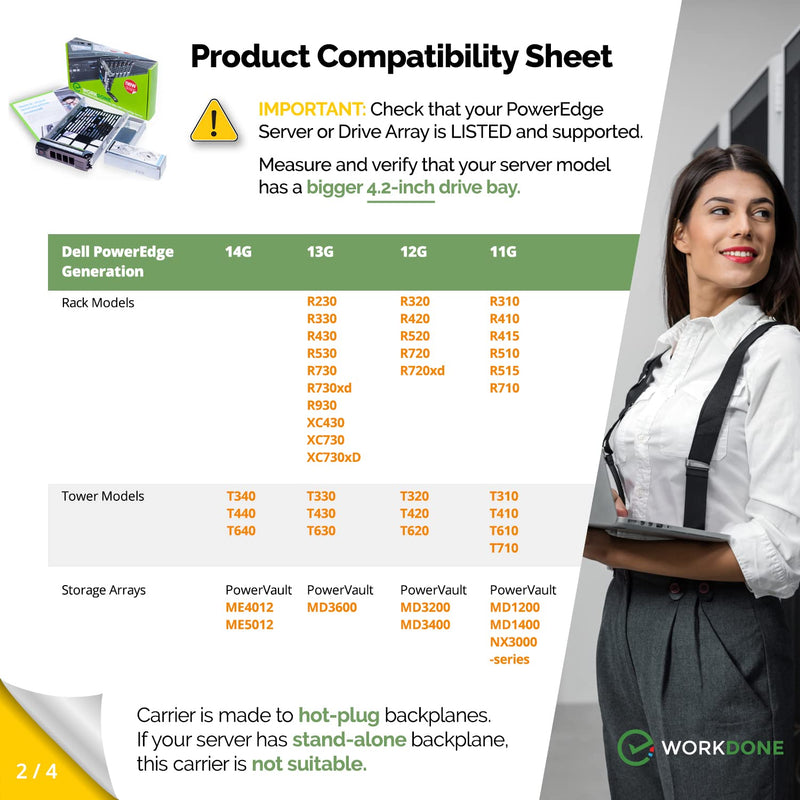 WORKDONE 3.5 inch Hard Drive Caddy Tray Compatible for Dell PowerEdge Servers - with 2.5 inch HDD Adapter NVMe SSD SAS SATA Bracket - Simply and Easy Carrier Setup with Installation Manual 1-PACK