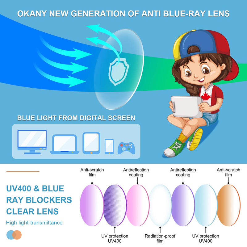 Okany Blue Light Glasses for Kids 3 Pack Anti Glare & Eye Strain Glasses Computer TV Phone Tablets UV Protection Glasses for Kids Boys Girls Age 3-12 (Black + Transparent + Pink)