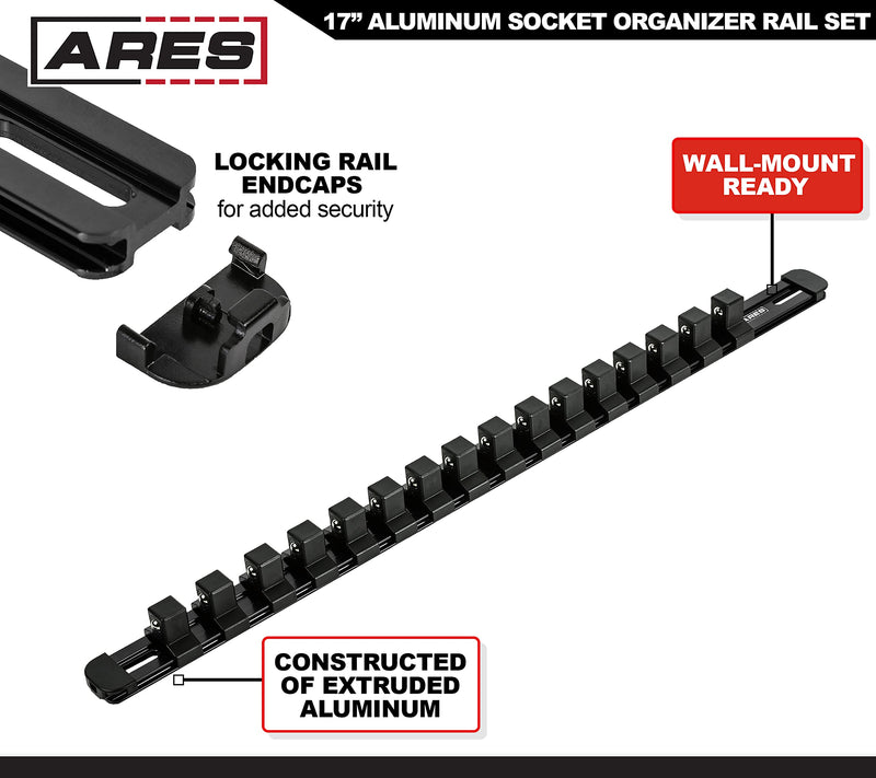 ARES 60123-3-Piece Black 17-Inch Aluminum Socket Rail Set with Locking End Caps - Includes 1/4-Inch, 3/8-Inch, and 1/2-Inch Drive Rails - Each Aluminum Rail Stores up to 16 Sockets 3-Piece Multi-Drive Set