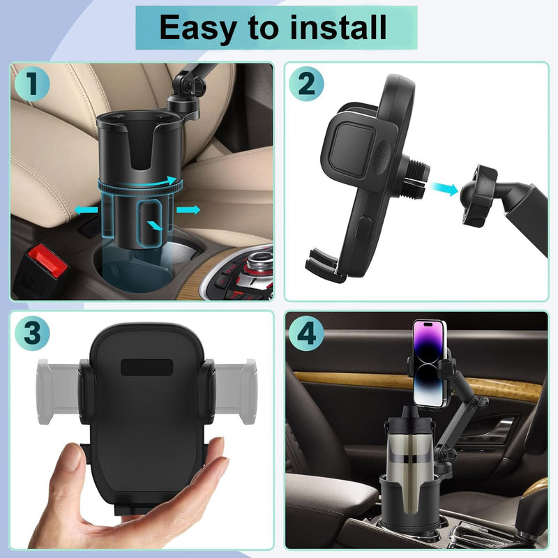 Car Cup-Holder Phone-Mount with Long Arm - 2 in 1 Adjustable Cup Holder Expander with Rubber and Expandable Base for 8-32oz Bottle, Cell Phone Stand Holder Friendly Fit iPhone & All Mobile Smartphones Large