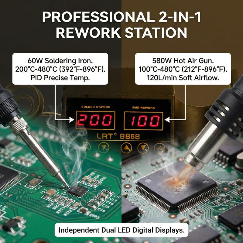 LRT-8868 2-in-1 Rework Station, 580W Hot Air Gun & 60W Soldering Iron Station Kit, Digital Dual LED Display, 212°F-896°F Precision Temp, Fast Heating SMD Soldering Kit for Electronics Repair & PCB DIY