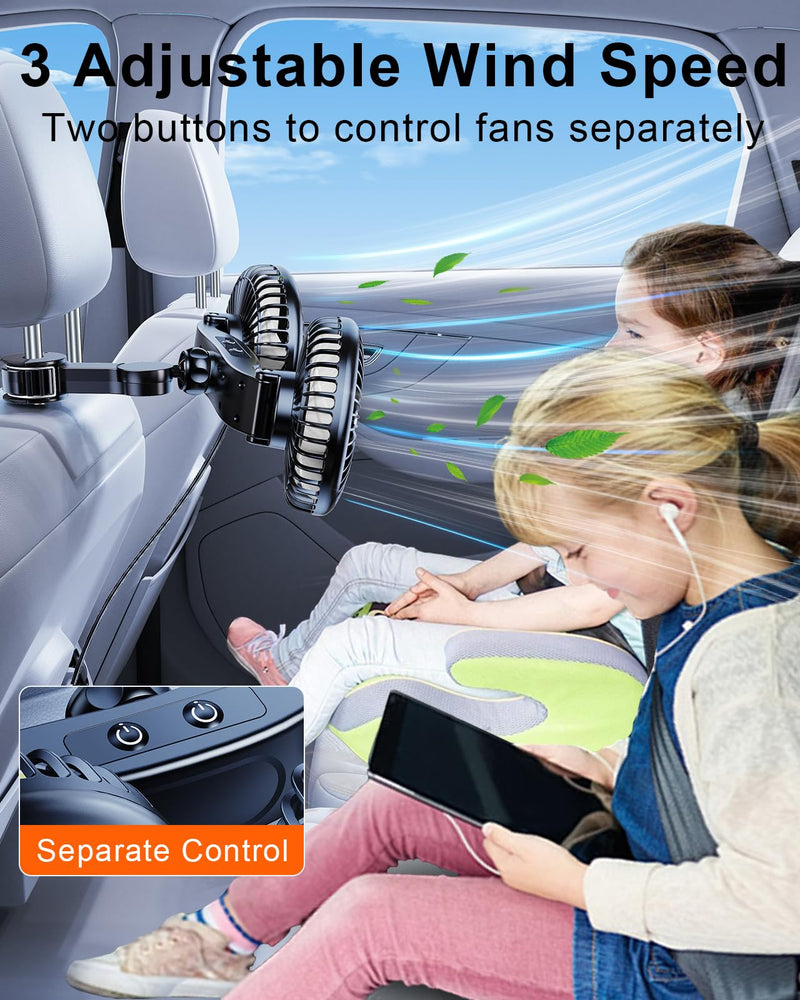 Car Fan for Back Seat, [Comes with Car Charger*1] 360°Rotatable USB Car Seat Fan for Baby Rear Facing, 3 Speeds Separate Control Car Fan for Backseat Kids, Car Cooling Fan for Vehicles SUV RV
