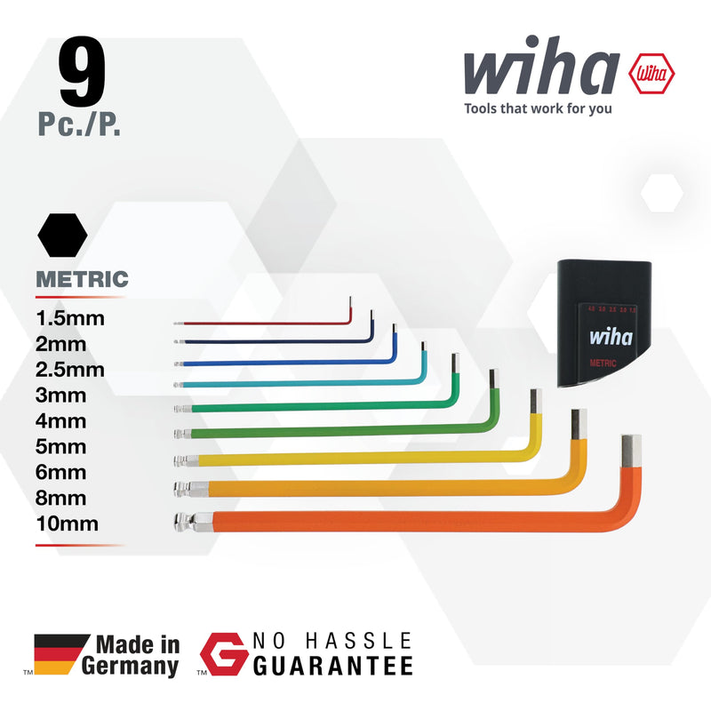 Wiha 66980 Ball End Hex L-Key Set, 9 Piece, Metric, Color Coded, Textured Grip, Includes Holder Hex L-Key Metric Color Coded Set, 9 piece