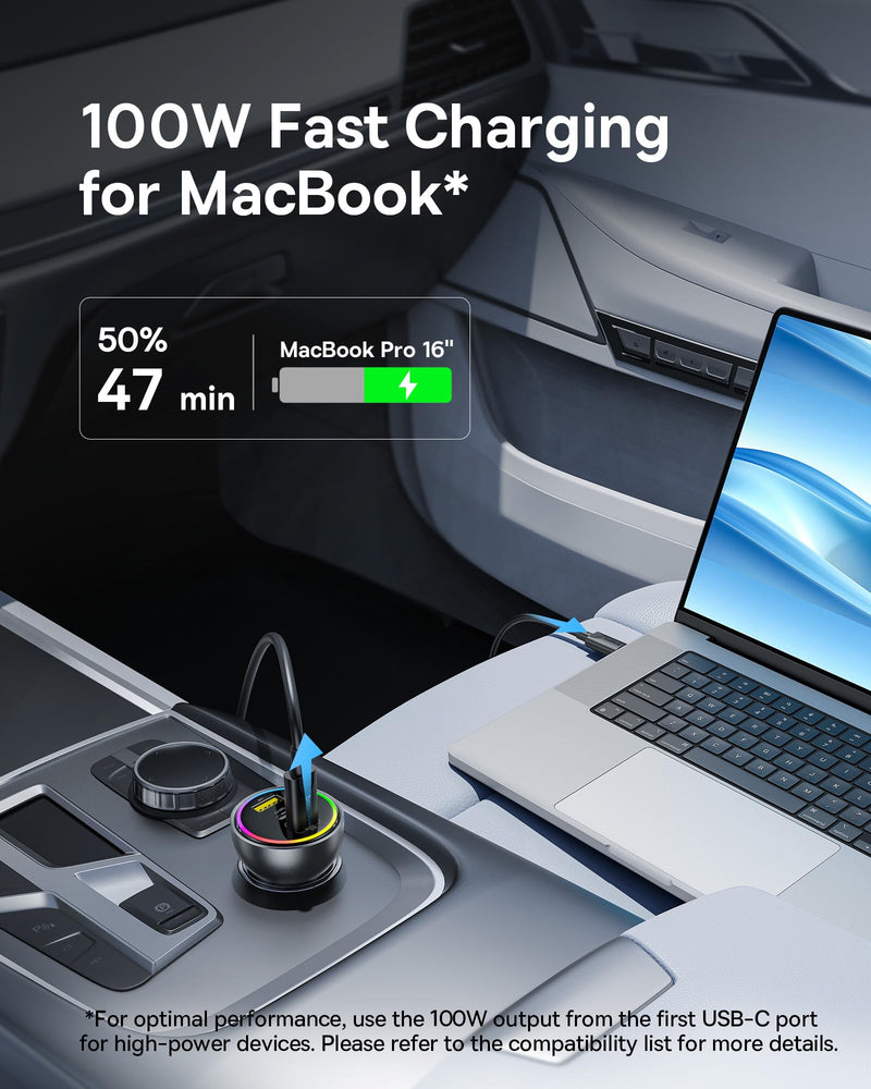152.5W USB C Car Charger, Baseus Super Fast Charging 3 Ports Car Charger, PD3.0 QC4.0 Ultra Compact RGB Fast Type C Car PhoneCharger Adapter, for iPhone 17 16 15 14 Pro Max Samsung S24 MacBook iPad 152.5W with Cable