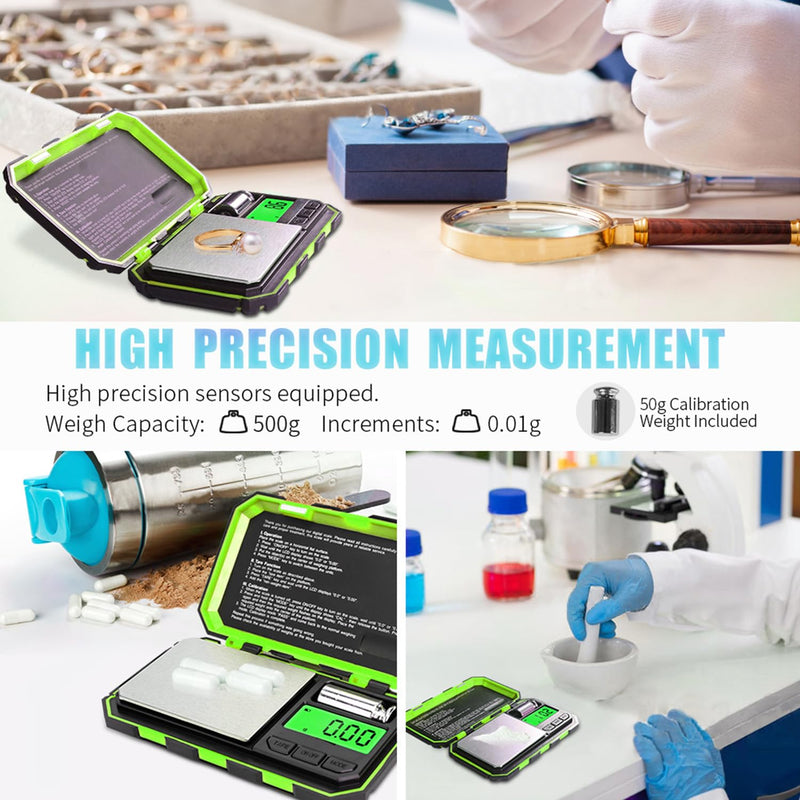 Fuzion Pocket Gram Scale, 500g x 0.01g Digital Jewelry Scale, 6 Modes Conversion Mini Scale with LCD Display, Tare for Herb, Food, Jewelry, Medicine 500/0.01g Green