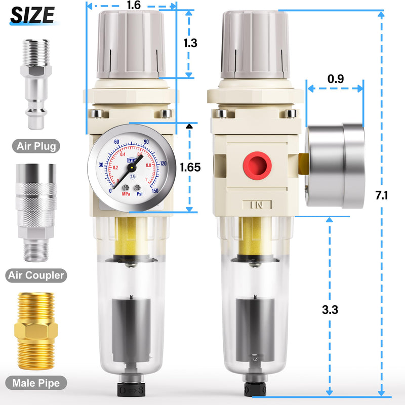 TAILONZ PNEUMATIC 1/4 Inch NPT Automatic Drain Air Filter Pressure Regulator Combo Piggyback, Air Tool Compressor Filter with Gauge AW2000-02D 1/4"NPT Auto Drain