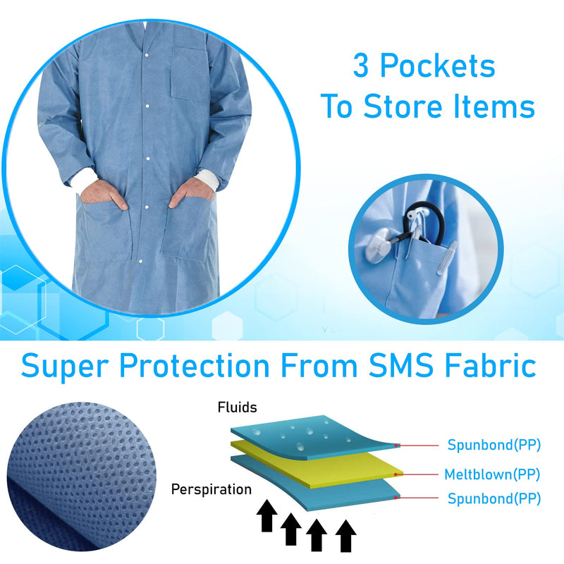 EOM Disposable Lab Coats - Lab Coats for Men and Women - Knee Length Lab Coat with Knit Cuffs and Collar - Medical Lab Jacket for Adults - Pack of 10, (Large Size) Large