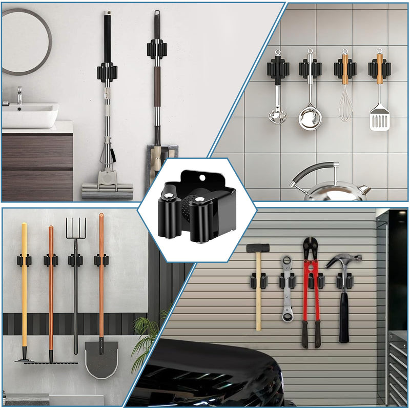 6 Piece Tool Holder Set, Stainless Steel Broom Holder Wall | With strong clamping effect, stable and non-slip, garden tool holder, wall mount for mop, broom, shovel, tools 6 Black