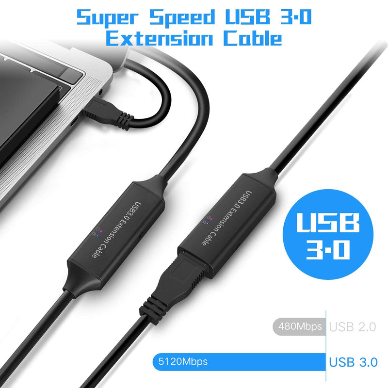 RSHTECH USB 3.0 Active Extension Cable 32 Feet with 5V 2A Power Adapter, USB 3.0 Extender Male to Female Cord with Built-in Signal Booster Chips for Xbox, PS4, USB Printer, Mouse, Keyboard, etc 32ft/10M+5V 2APower adapter