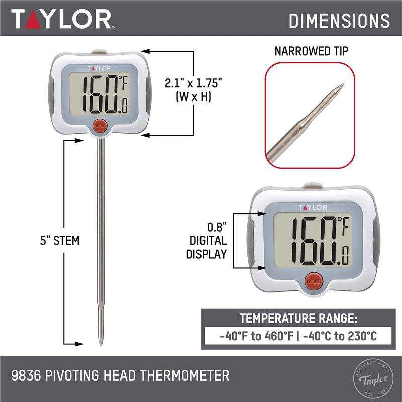 Taylor Pivoting Head Instant Read Digital Meat Food Grill BBQ Cooking Kitchen Thermometer with Protective Sleeve, Gray Universal Steel