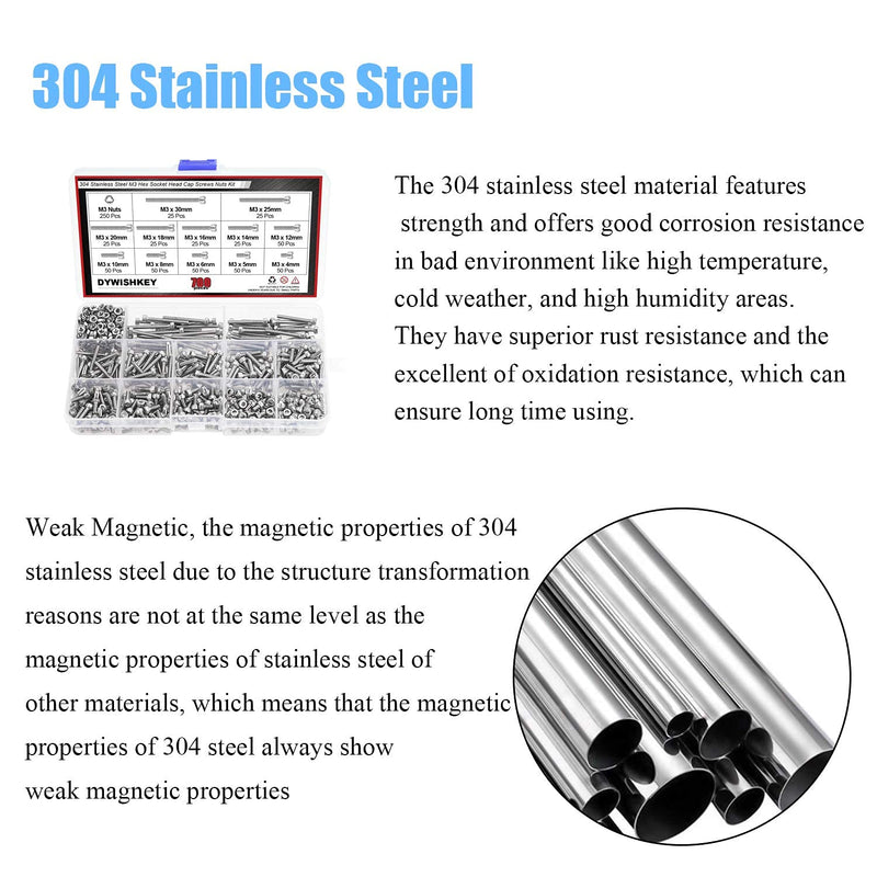 DYWISHKEY 700 Pieces M3 Stainless Steel 304 Hex Socket Head Cap Bolts Screws and Nuts Assortment Kit