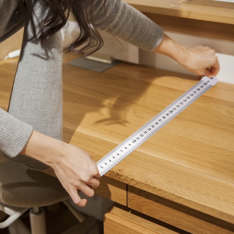 Ksvaye Pack of 4 Stainless Steel Rulers Metal Steel Ruler Steel Ruler Metal Ruler Double Side Scale 15 cm / 20 cm / 30 cm / 40 cm for Office School Engineer Technical Drawing