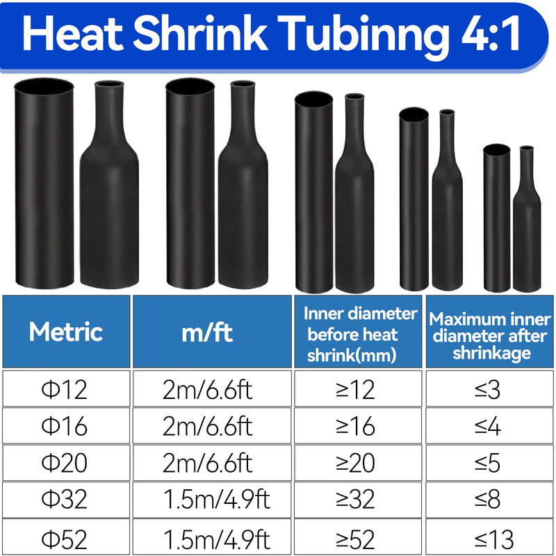 Heat Shrink Tubing, Heat Shrink Tubing with Adhesive, 4:1 Heat Shrink Tubing Waterproof, Heat Shrink Tube Black for Cable Insulation, Marking, Cable Bundling, Repairs (32mm x 1.5m) 32MM*1.5M
