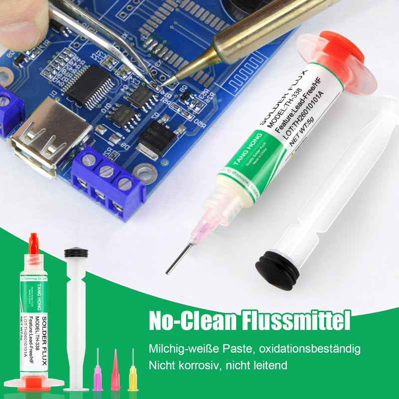 TH-338 Flux Soldering, 5 ml No-Clean Lead-Free Rosin Flux (Pack of 3), 2.5 mm/3 m Desoldering Braid (Pack of 2), Suitable for Mobile Phone Soldering, BGA, Household Appliance Repairs 5-piece set