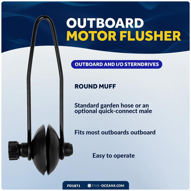 Five Oceans Outboard Motor Muffs, Boat Motor Flusher, Black PVC Marine Grade Muffs, Coated Steel Bracket, Includes Garden Hose Connector & Quick Connect Adapter Round Muffs