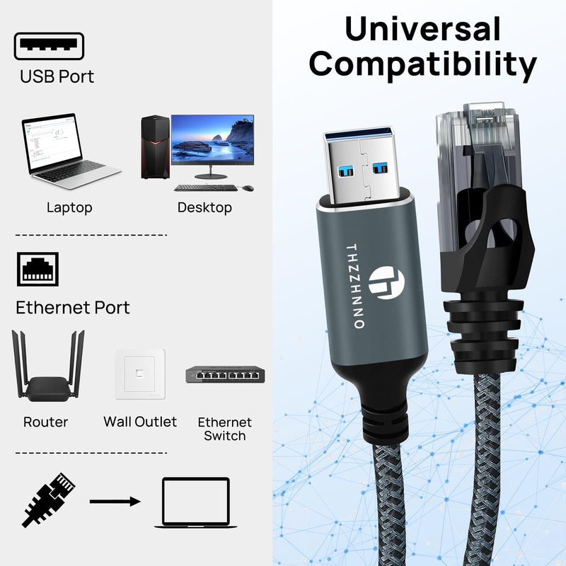 USB to Ethernet Cable 30FT, USB 3.0 A to RJ45 Male Cable Directly Connected Gigabit LAN Network, Compatible with Laptop, PC, MacBook, Switch, Windows 10/11, macOS, Linux USB A to Ethernet