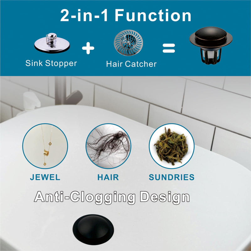 Oil Rubbed Bronze Pop Up Sink Stopper for Bathroom Sink, Welsan Universal Pop-Up Drain Stopper with Hair Catcher, Fits 1 1/8"-1 1/2" Drain Hole, 2 Pack Oil Rubbed Bronze-2