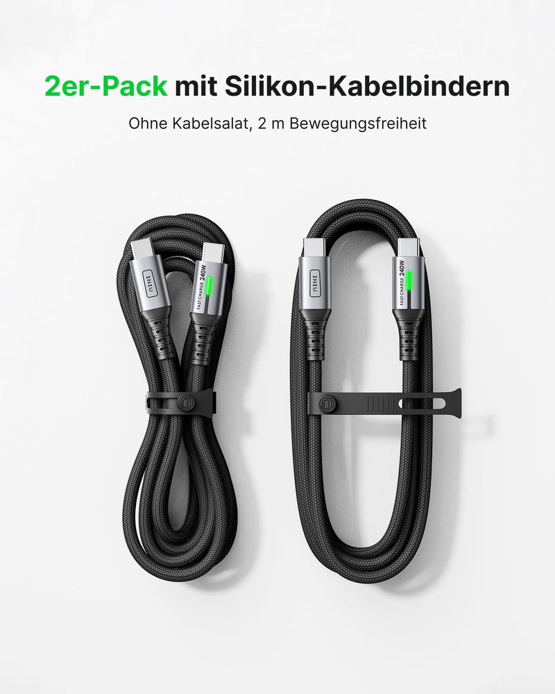 INIU 240 W USB C Cable, [2 Pieces 2 m] PD Fast Charging Cable USB C to USBC Cable | Nylon Geflochten, PD Ladekabel USBC für iPhone 17 16 15 Pro Max Samsung Galaxy S25 S24 Ultra Pixel 10 9a iPad Pro MacBook Air black 2 m + 2 m