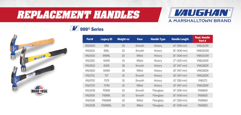 VAUGHAN Fiberglass Handle 999 Series Framer Hammer, Assembled in USA, FS999ML, VN10538 16 Inch Milled