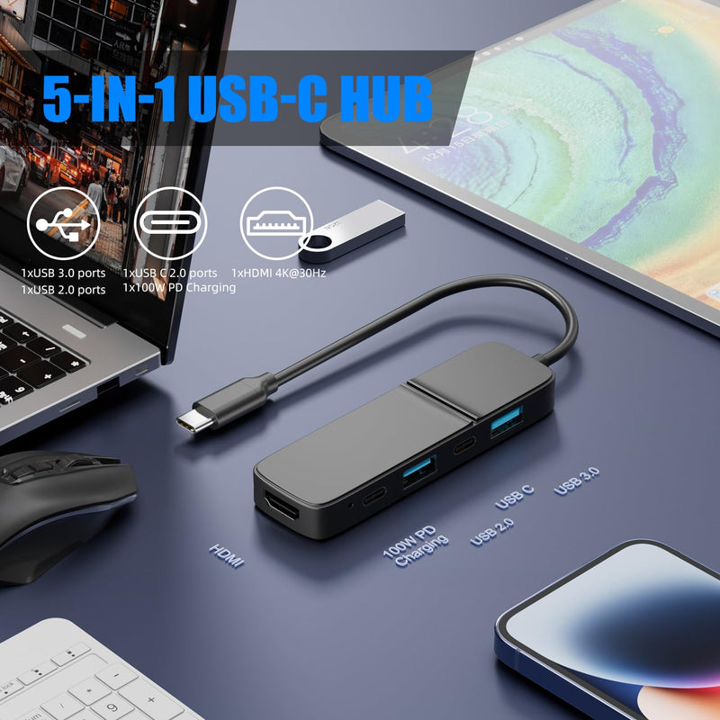 5-Port USB 3.0 Hub with 4K HDMI - Dual USB-A/C, 5Gbps Data Transfer for MacBook Pro/Air, iPad Pro, iPhone 15, iMac, XPS, ThinkPad & More - Ideal for Flash Drives & Portable Hard Disks (Tpcy-C)
